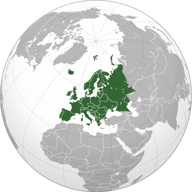 Europe orthographic Caucasus Urals boundary with borders.svg